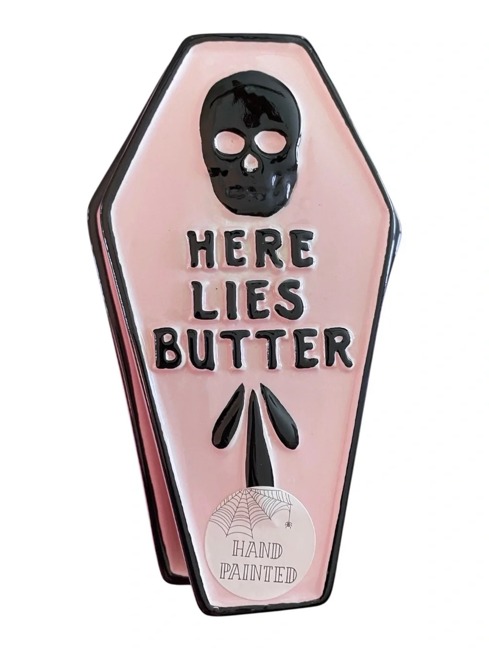 Cobwebs & Cauldrons Hand Painted “Here Lies Butter” Butter Dish Pink Black NWT